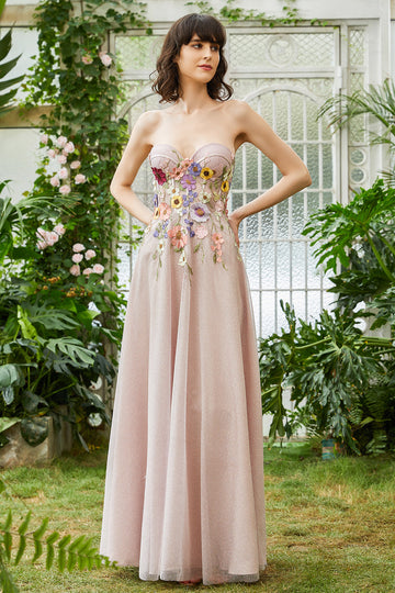 Elegant A Line Strapless Blush Lang brudegæstekjole med 3D-blomster